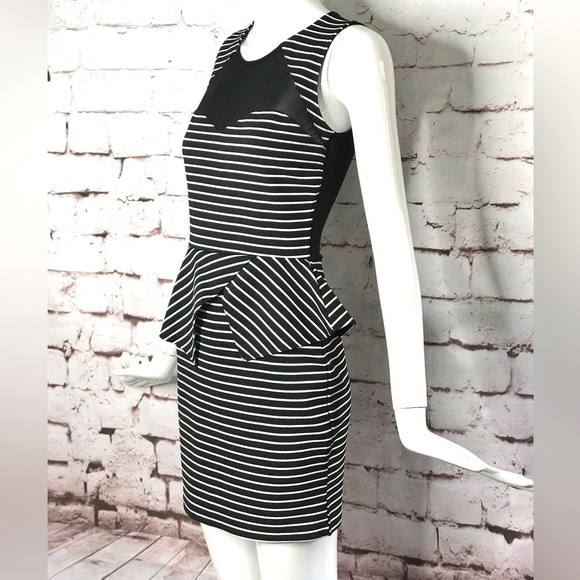 MATERIAL GIRL Dresses & Skirts - MATERIAL GIRL S Peplum Mesh Back Sleeveless Black & White Stripe Dress Small NWT